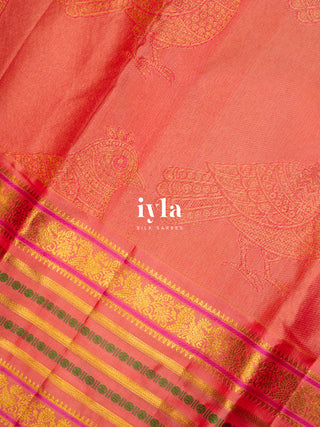 The Kalamkari Bird Garden Kanjeevaram in Peach Orange