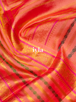 The Kalamkari Bird Garden Kanjeevaram in Peach Orange