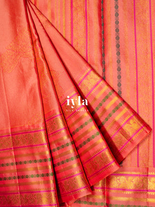 The Kalamkari Bird Garden Kanjeevaram in Peach Orange