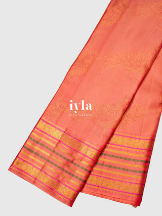 The Kalamkari Bird Garden Kanjeevaram in Peach Orange