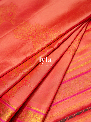 The Kalamkari Bird Garden Kanjeevaram in Peach Orange