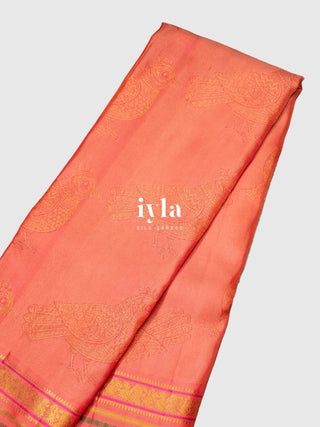 The Kalamkari Bird Garden Kanjeevaram in Peach Orange