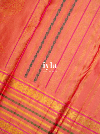 The Kalamkari Bird Garden Kanjeevaram in Peach Orange