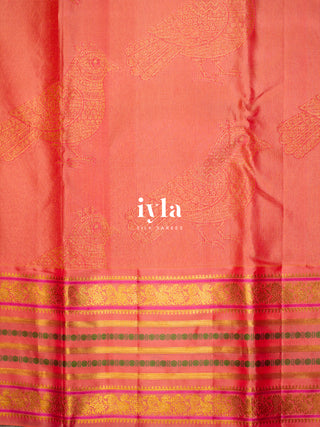The Kalamkari Bird Garden Kanjeevaram in Peach Orange
