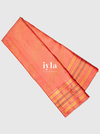 The Kalamkari Bird Garden Kanjeevaram in Peach Orange