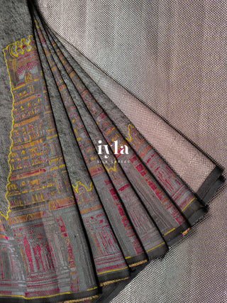 The Sacred South Indian Temple Silk Saree in Granite Grey