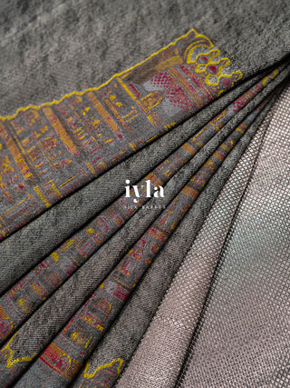 The Sacred South Indian Temple Silk Saree in Granite Grey