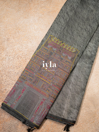The Sacred South Indian Temple Silk Saree in Granite Grey