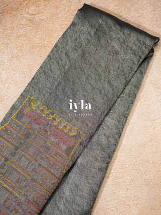 The Sacred South Indian Temple Silk Saree in Granite Grey