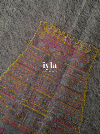 The Sacred South Indian Temple Silk Saree in Granite Grey