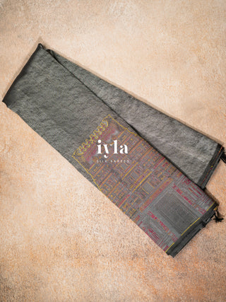 The Sacred South Indian Temple Silk Saree in Granite Grey