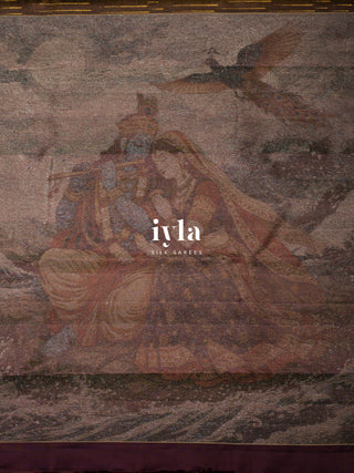 The Radha Krishna & Great Wave off Kanagawa Kanjeevaram in Mocha Brown