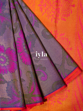 The Kalamkari Floral Themed Kanjeevaram in Bright Purple