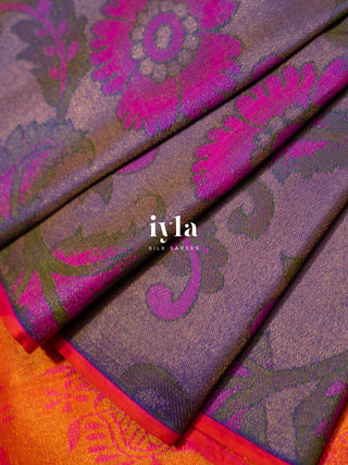 The Kalamkari Floral Themed Kanjeevaram in Bright Purple