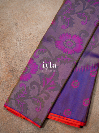 The Kalamkari Floral Themed Kanjeevaram in Bright Purple
