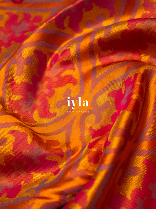 The Dreamy Floral Garden Kanjeevaram in Vibrant Orange