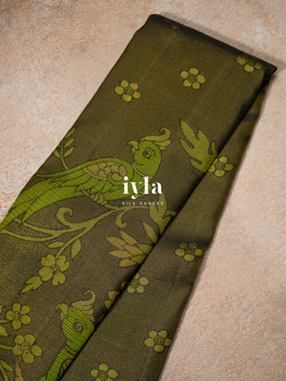 The Parrot Grove Kanjeevaram in Deep Forest Olive