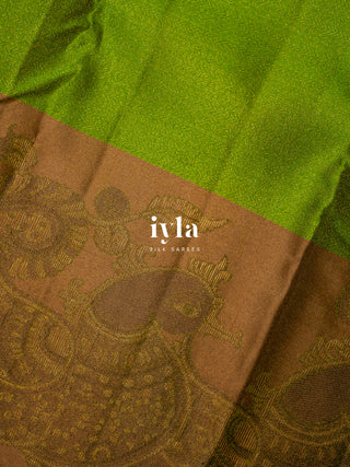 The Indian Kalamkari Peacock Kanjeevaram in Leafy Green