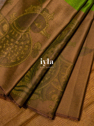 The Indian Kalamkari Peacock Kanjeevaram in Leafy Green
