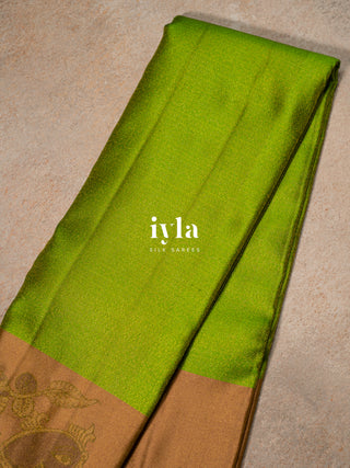 The Indian Kalamkari Peacock Kanjeevaram in Leafy Green