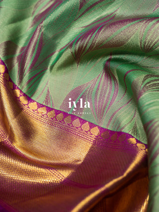 The Tropical Foliage Silk Saree in Turquoise Green