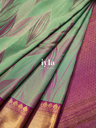 The Tropical Foliage Silk Saree in Turquoise Green