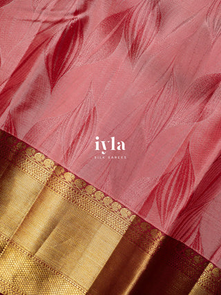 The Tropical Foliage silk saree in Powder Red