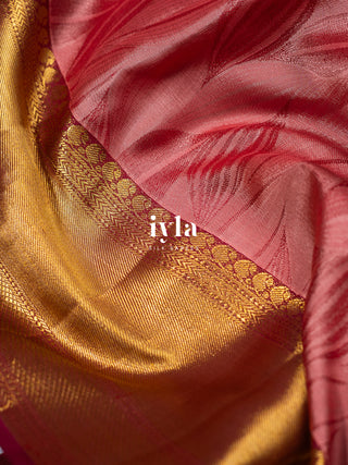 The Tropical Foliage silk saree in Powder Red