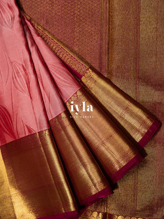 The Tropical Foliage silk saree in Powder Red