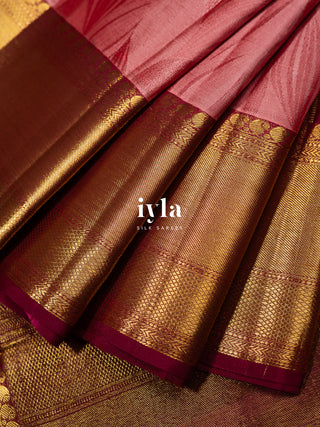 The Tropical Foliage silk saree in Powder Red