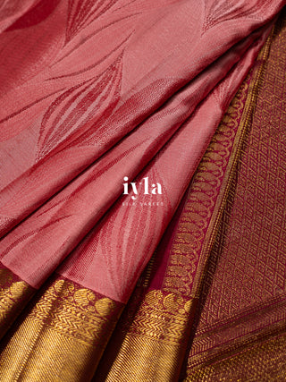 The Tropical Foliage silk saree in Powder Red