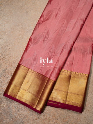 The Tropical Foliage silk saree in Powder Red