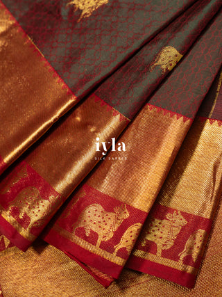 The Pichwai cows Kanjeevaram in Crimson Emerald Dual Tone