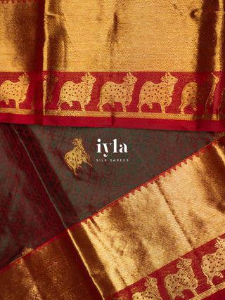 The Pichwai cows Kanjeevaram in Crimson Emerald Dual Tone