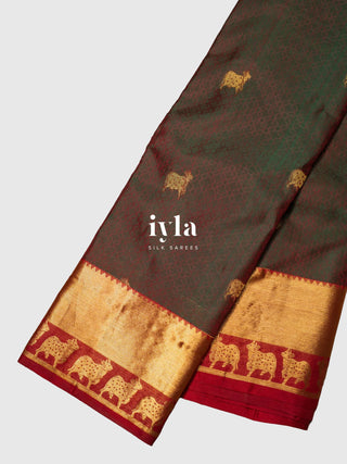 The Pichwai cows Kanjeevaram in Crimson Emerald Dual Tone