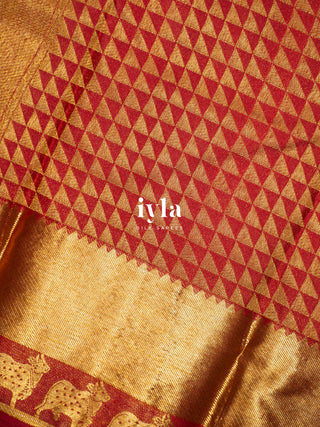 The Pichwai cows Kanjeevaram in Crimson Emerald Dual Tone