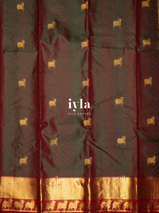 The Pichwai cows Kanjeevaram in Crimson Emerald Dual Tone