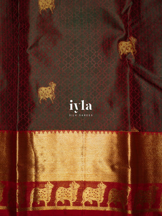 The Pichwai cows Kanjeevaram in Crimson Emerald Dual Tone
