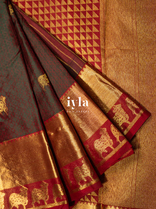 The Pichwai cows Kanjeevaram in Crimson Emerald Dual Tone