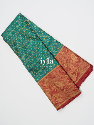 The Divine Love of Krishna and Radha Kanjeevaram in Deep Forest Green