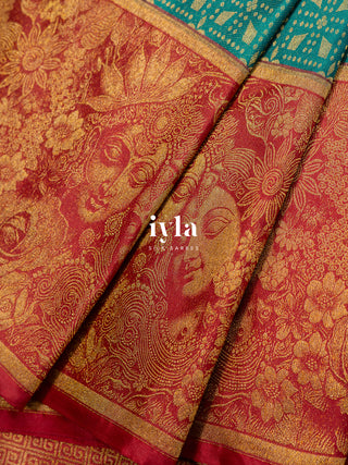 The Divine Love of Krishna and Radha Kanjeevaram in Deep Forest Green