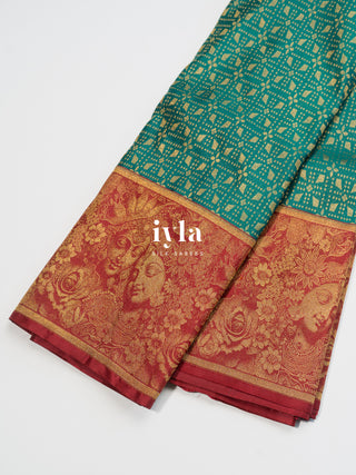 The Divine Love of Krishna and Radha Kanjeevaram in Deep Forest Green