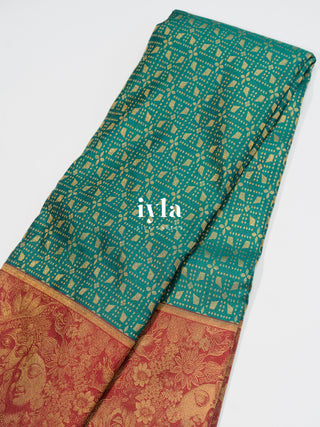 The Divine Love of Krishna and Radha Kanjeevaram in Deep Forest Green