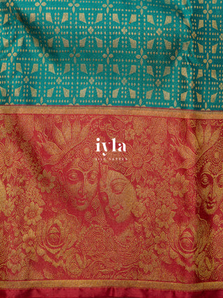The Divine Love of Krishna and Radha Kanjeevaram in Deep Forest Green