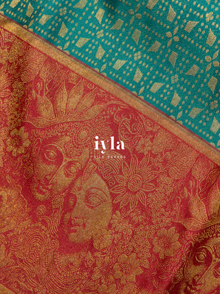 The Divine Love of Krishna and Radha Kanjeevaram in Deep Forest Green