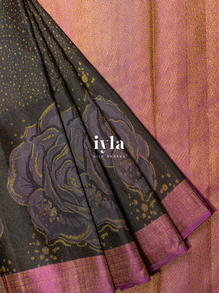 The Obsidian Black Damask Bloom Kanjeevaram