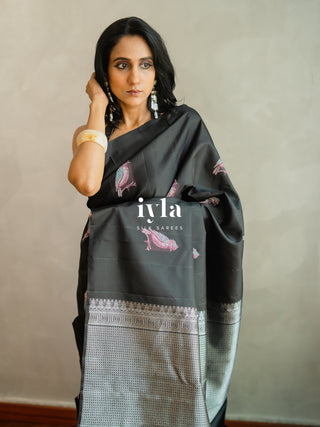 The Black Twilight Finch Kanjeevaram in Pure Silver