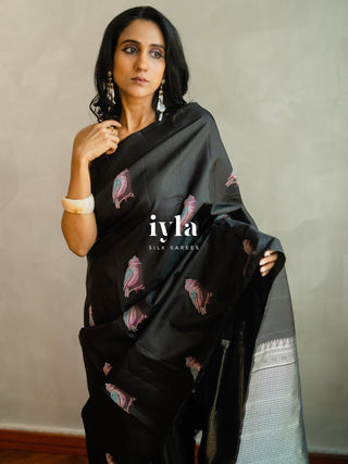 The Black Twilight Finch Kanjeevaram in Pure Silver