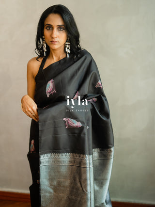 The Black Twilight Finch Kanjeevaram in Pure Silver