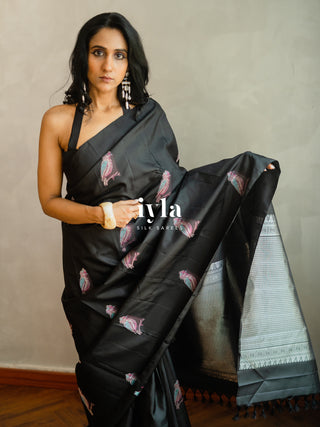 The Black Twilight Finch Kanjeevaram in Pure Silver